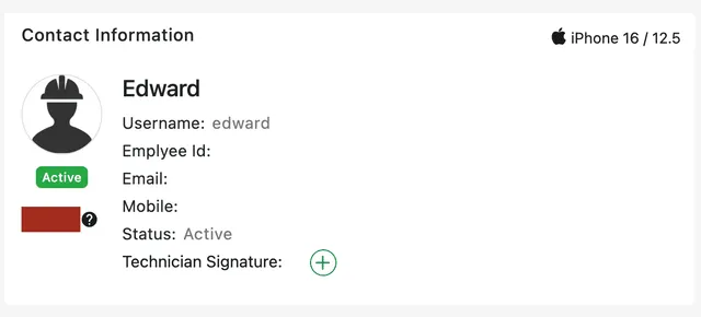 The Contact Information card: photo, name, username, employee id, email, mobile, status, colour and technician signature