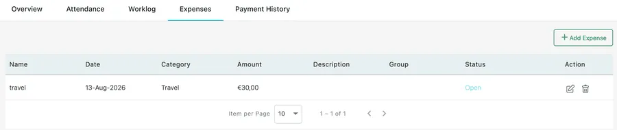 The Expenses tab on a user: a table of claims with name, date, category, amount, description, group and status