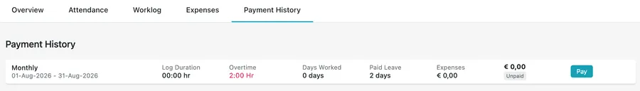 Payment History: one row per period with its log duration, overtime, days worked, paid leave, expenses, total and a Pay button
