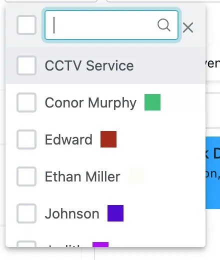 The Users dropdown open: a search box, a tickbox per user, and a colour swatch beside each name