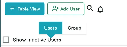 The bar above the user list: Table View, Add User, the search icon, and the Users and Group tabs over the Show Inactive Users tickbox