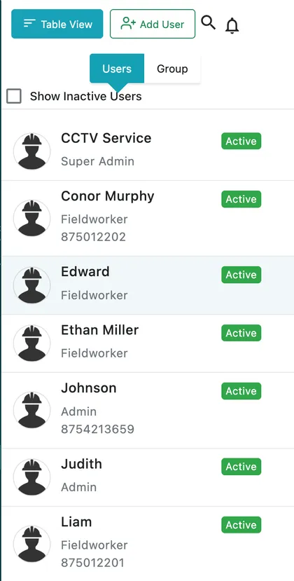 The user list: each row with a photo, the person's name, their type and their mobile number, and an Active badge