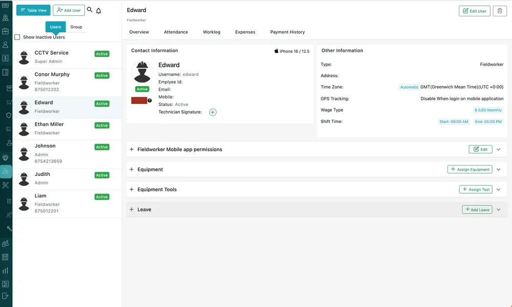 The Users screen: people listed down the left, with the selected one open on the right