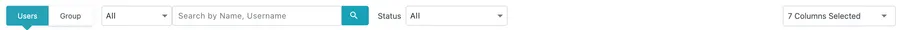 The Table View toolbar: the Users and Group tabs, a filter, the search box, a status filter and the column picker