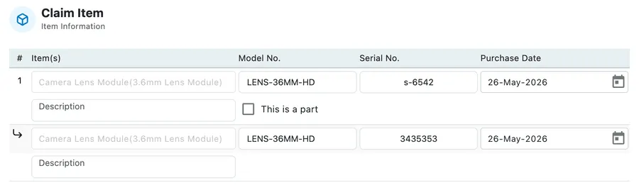The Claim Item table with model number, serial number and purchase date, a description, a This is a part tickbox and an indented part beneath the line