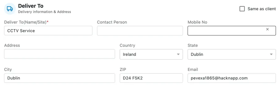 Deliver To with a Same as client tickbox, a delivery name, contact person and full address