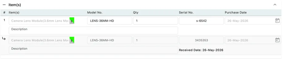 The claimed items table with model number, quantity, serial number, purchase date and a received date