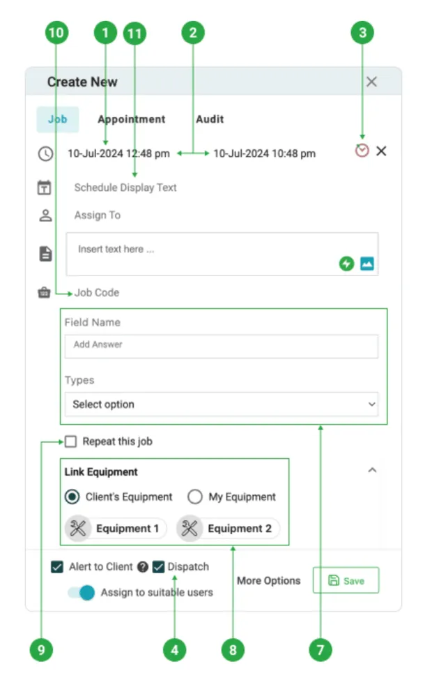 The guide image: a Create New job form with numbered markers pointing at the schedule times, schedule display text, job code, custom fields, repeat, equipment and dispatch controls