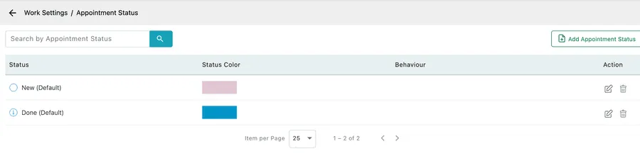 The Appointment Status list: New and Done, both marked (Default)