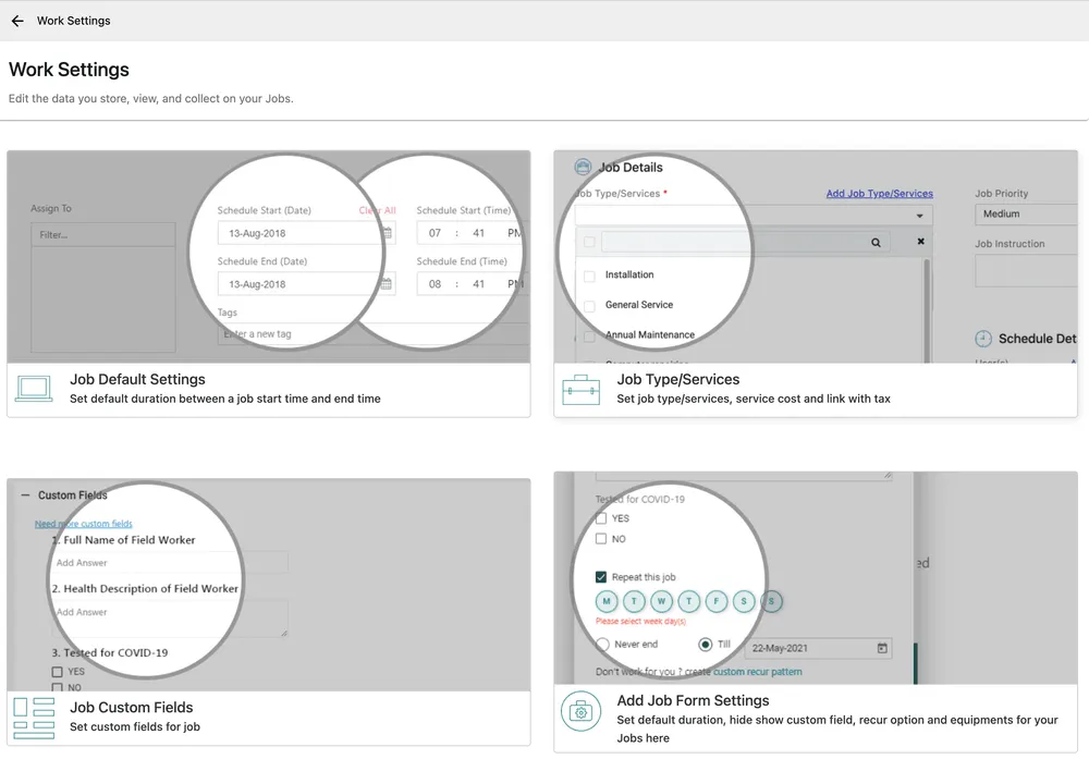 The Work Settings page with cards for Job Default Settings, Job Type/Services, Job Custom Fields and Add Job Form Settings