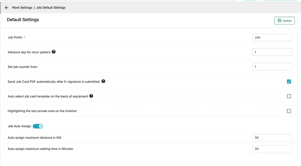 Job Default Settings: job prefix, advance day for recur pattern, job counter, job card PDF and template options, private note highlighting, and the Job Auto Assign switch with its distance and waiting-time limits