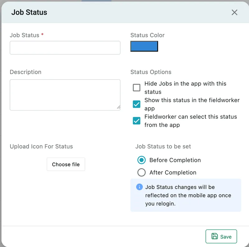 The Job Status dialog: name, status colour, description, status options for the app, an icon upload, and whether the status is set before or after completion