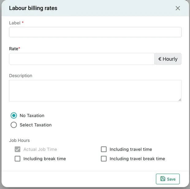 The Labour billing rates dialog: label, hourly rate, description, taxation, and Job Hours tick boxes for actual job time, travel time, break time and travel break time