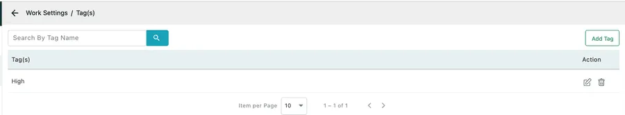 The Tag(s) list under Work Settings, with a single tag named High and an Add Tag button