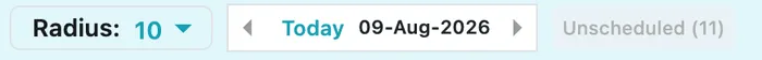 The Radius control, the Today date navigator, and the Unscheduled count