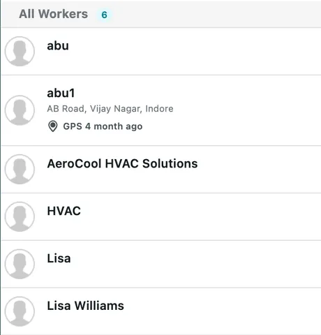 The All Workers list showing each worker's name, address, and when their GPS last reported