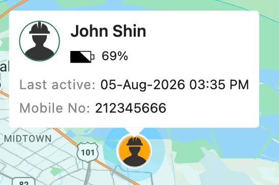 A worker marker on the map with a popup showing 69% battery, last active time, and mobile number