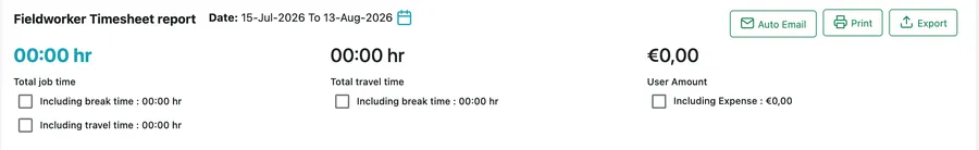 The Payroll Timesheet: a date range, then total job time, total travel time and user amount