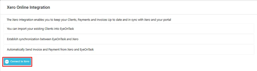 The Xero Online Integration page with the Connect to Xero button