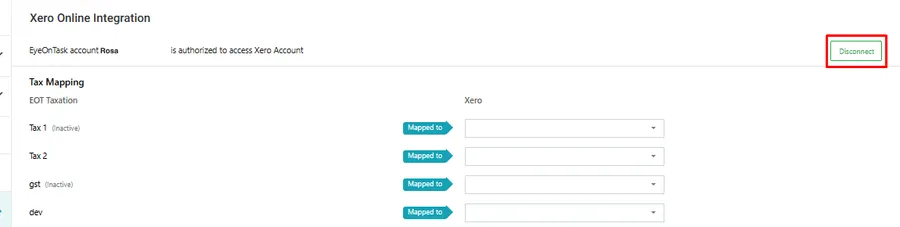 The Xero mapping screen with the Disconnect button highlighted