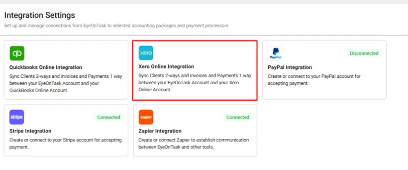 Integration Settings, with the Xero Online card second among five
