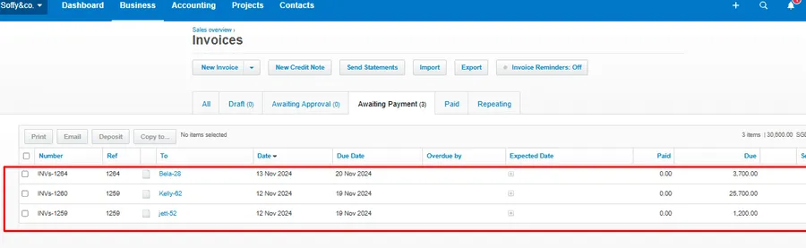 Xero's Invoices list showing the synced invoices