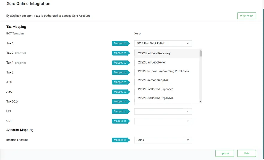 The Xero mapping screen: Tax Mapping above, Account Mapping below, and Update and Skip at the foot