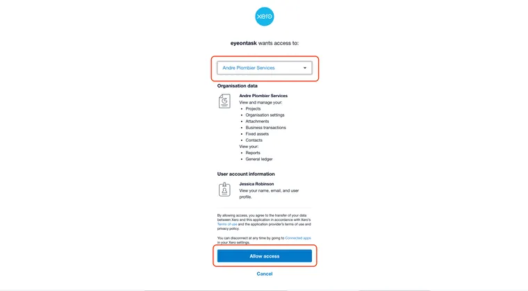 Xero asking to allow access for the chosen organisation