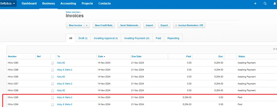 Xero's Invoices list with the synced payments marking two invoices Paid
