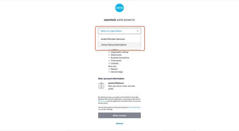 The Xero organisation picker