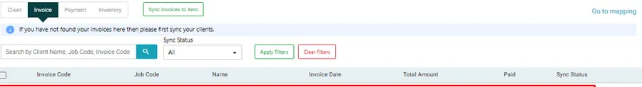 The Invoice tab with Sync Invoices to Xero
