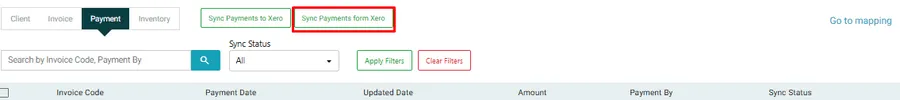 The Payment tab with Sync Payments form Xero