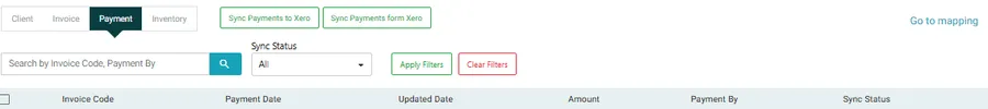 The Payment tab with Sync Payments to Xero