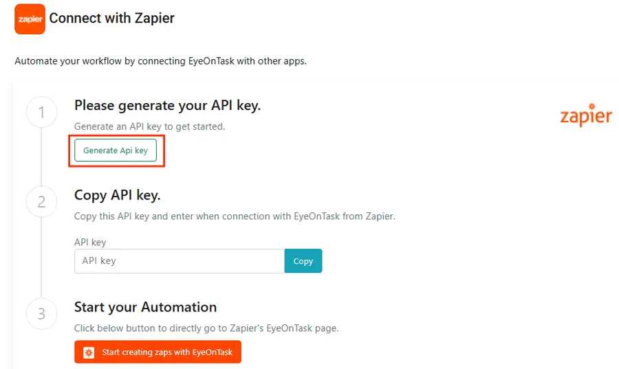 The Zapier page: generate the API key, copy it, and start creating zaps