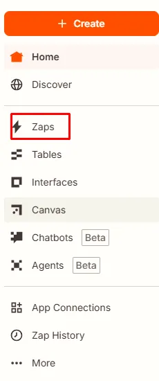 Zapier's left rail, with Create and Zaps