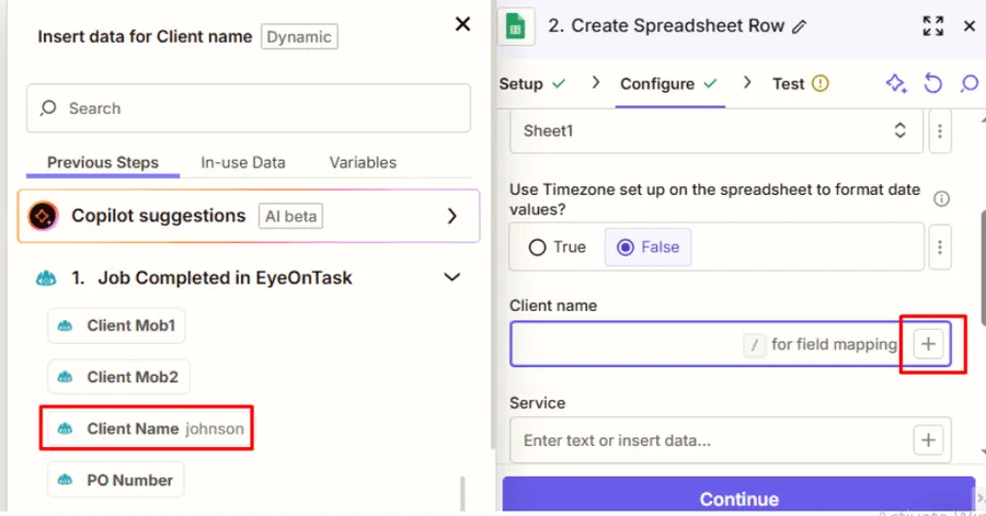 Mapping a spreadsheet column to a field from Job Completed in EyeOnTask