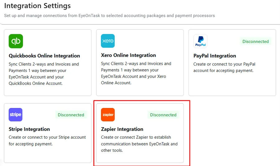 Integration Settings, with the Zapier card fifth among five