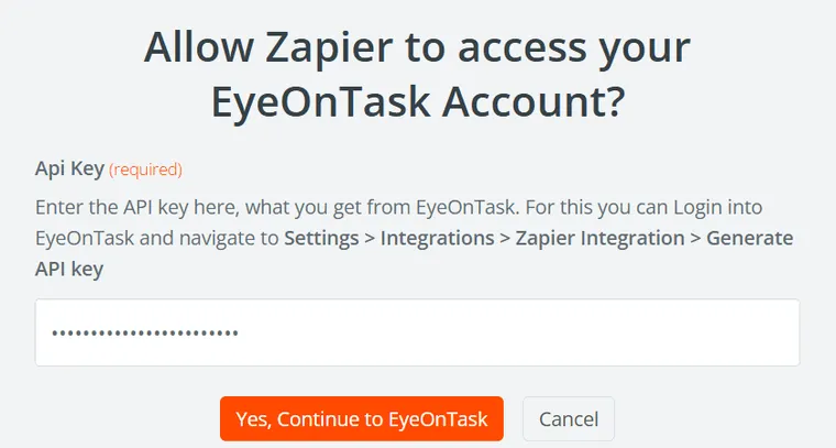 Zapier asking to access your EyeOnTask account, with the API key field