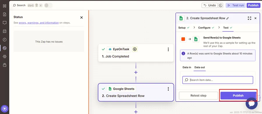 The Zap with Publish, and a status panel reporting no issues