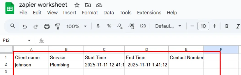 A row written into the Google Sheet by the test
