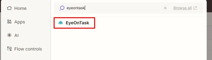 Searching for EyeOnTask in Zapier's app picker