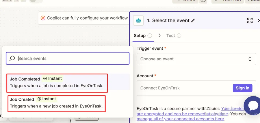 The two EyeOnTask trigger events: Job Completed and Job Created